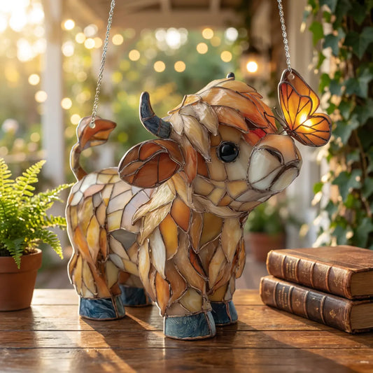 Raamdecoratie met Schotse hooglandkoe: vlinder raamhanger